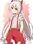  1girl bow buttons closed_mouth collared_shirt cowboy_shot dot_mouth dot_nose dress_shirt fujiwara_no_mokou grey_hair hair_between_eyes hair_bow hand_in_pocket head_tilt highres long_hair looking_at_viewer pants pink_background red_eyes red_pants shirt short_sleeves simple_background solo suspenders tksand torn_clothes torn_shirt touhou very_long_hair white_background white_bow white_shirt 