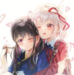  2girls arm_grab backlighting backpack bag black_hair blonde_hair blue_kimono blue_ribbon blush bob_cut cellphone chromatic_aberration closed_mouth collared_shirt commentary dress dress_shirt english_commentary hair_ribbon hair_twirling heart highres hug hug_from_behind hzs_yumu inoue_takina japanese_clothes kimono light_particles long_hair long_sleeves looking_at_viewer lycoris_recoil lycoris_uniform multiple_girls neck_ribbon nishikigi_chisato one_eye_closed one_side_up open_mouth phone red_dress red_eyes red_ribbon ribbon shirt short_hair sidelocks simple_background smartphone upper_body violet_eyes white_background white_shirt yuri 