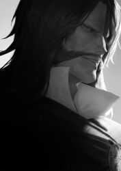  1boy black_hair bleach collared_shirt facial_hair greyscale long_hair looking_at_viewer male_focus mi8pq monochrome mustache shirt smile solo yhwach 