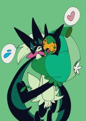  1girl 1other :d animal_hands animal_nose cape claws cloak colored_skin fangs green_background green_cloak green_fur green_hair half-closed_eyes heart highres hug looking_at_viewer mask meowscarada negoto_o0zz ogerpon orange_skin pink_eyes pokemon pokemon_(creature) short_hair short_tail simple_background smile spoken_heart standing tail two-tone_fur 