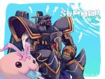  2others alphamon armor artist_name closed_eyes digimon digimon_(creature) english_text fangs food kira_(kira_dra) multiple_others no_humans popsicle sweat tokomon tokomon_x-antibody watermark 