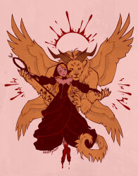  absurdres black_dress black_headscarf black_hood blood blood_on_feet detached_hood detached_sleeves dress dungeon_meshi ear_covers elf extra_eyes fur-trimmed_dress fur_dress fur_trim headscarf highres holding holding_staff horns lion marcille_donato marcille_donato_(lord) multiple_horns pointy_ears razzberrysheep staff wimple winged_animal winged_lion_(dungeon_meshi) 