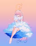  absurdres blue_background closed_eyes clouds crescent_moon gradient_background highres holding_rabbit long_hair meyoco moon orange_background original pink_footwear pink_hair shoes sparkle very_long_hair white_rabbit_(animal) 