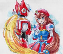 1boy 1girl armor blonde_hair blue_eyes blush brown_hair chest_jewel cowboy_shot dress forehead_jewel hat helmet hijiriiyaa iris_(mega_man) krita_(medium) long_hair mega_man_(series) mega_man_x_(series) red_armor red_hat red_helmet smile traditional_media zero_(mega_man) 