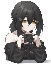  1girl act_(xadachit) black_dress black_gloves black_hair dandelion_(girls'_frontline) dress girls'_frontline_2:_exilium girls_frontline gloves hair_between_eyes half_gloves long_hair looking_at_viewer own_hands_together shadow smile solo white_background yellow_eyes 