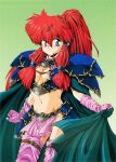  1990s_(style) 1girl armor blue_eyes branmarker cape cowboy_shot gloves green_background hair_tubes high_ponytail highres holding holding_cape holding_clothes long_hair looking_at_viewer navel non-web_source official_art pauldrons pelvic_curtain pink_gloves pink_thighhighs redhead retro_artstyle scan shami_(branmarker) shoulder_armor sidelocks simple_background smile solo thigh-highs 