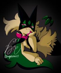  :3 animal_hands animal_nose cape claws closed_mouth fangs flower furry green_fur green_hair grey_background half-closed_eyes highres looking_at_viewer lying mask meowscarada negoto_o0zz on_side other_focus pink_eyes pink_flower pokemon pokemon_(creature) short_hair short_tail simple_background skin_fangs smile solo tail two-tone_fur upper_body 