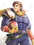  1boy absurdres armor belt belt_buckle blue_jacket blue_pants brown_belt brown_eyes brown_hair buckle captain_falcon closed_mouth covered_abs f-zero feathers gloves gonzarez gun helmet high_collar highres holding holding_helmet jacket light_particles looking_afar male_focus muscular muscular_male no_headwear pants pectorals pouch scar scar_on_face scarf short_hair shoulder_armor simple_background smile solo taut_clothes twitter_username v-shaped_eyebrows weapon white_background yellow_scarf 