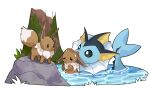  :o black_eyes bright_pupils brown_eyes carrying closed_eyes closed_mouth commentary eevee english_commentary grass in_water mjoyart moss mouth_hold no_humans open_mouth pokemon pokemon_(creature) rescue rock simple_background surprised swimming tree vaporeon water wet white_background white_pupils 