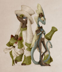  a26g8 black_bow black_bowtie black_hat blue_skin bow bowtie colored_skin crossed_arms furfrou furfrou_(dandy) green_hair green_skin hat highres horns inteleon kirlia multicolored_skin pink_eyes pokemon pokemon_(creature) sidelocks smile two-tone_skin white_fur white_skin yellow_eyes 