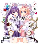  2girls :d absurdres ace_(playing_card) ace_of_spades animal_ears black_footwear bow braid breasts brown_hair card center_frills closed_mouth club_(shape) collared_shirt commentary_request cup diamond_(shape) fake_animal_ears frilled_skirt frilled_socks frills gears gochuumon_wa_usagi_desu_ka? hair_bow hairband heart highres hoto_cocoa jacket kneeling long_hair long_sleeves multiple_girls off_shoulder open_clothes open_jacket partial_commentary pink_bow pink_skirt playing_card pleated_skirt pocket_watch puffy_long_sleeves puffy_sleeves purple_bow purple_hair purple_skirt roman_numeral ryoutan saucer shirt shoes skirt sleeveless sleeveless_shirt small_breasts smile socks spade_(shape) teacup teapot tedeza_rize twin_braids twintails very_long_hair violet_eyes watch white_hairband white_jacket white_shirt white_socks 