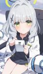  1girl ball bare_legs blue_archive blurry blurry_background blush cellphone chair grey_hair hair_between_eyes hair_ornament halo hare_(blue_archive) highres jacket long_hair looking_at_viewer mochigome_(ununquadium) open_mouth phone pov sitting solo x_hair_ornament 