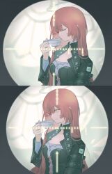  1girl absurdres arknights black_corset black_jacket closed_eyes corset crosshair cup halo highres jacket lemuen_(arknights) looking_at_viewer opening_eyes pink_eyes pink_hair scope smile teacup yuishironeko 