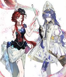  2girls :d absurdres barcarola_(reverse:1999) beamed_eighth_notes beamed_sixteenth_notes black_gloves black_hat blue_eyes blue_hair blue_shirt bow_(music) check_commentary colored_inner_hair commentary commentary_request dress feet_out_of_frame gloves gudok hair_ornament hand_up hat highres holding holding_bow_(music) holding_instrument instrument juliet_sleeves kokoshnik long_hair long_sleeves mini_hat miniskirt multicolored_hair multiple_girls musical_note musical_staff official_alternate_costume open_mouth pantyhose print_pantyhose puffy_sleeves red_hair reverse:1999 shirt short_sleeves single_bare_shoulder single_glove single_leg_pantyhose single_sleeve sixteenth_note skirt smile sparkle standing star_(symbol) star_hair_ornament starry_sky_print tilted_headwear treble_clef voyager_(reverse:1999) weiyan_(nbnbmwnl) white_background white_dress white_pantyhose white_skirt 