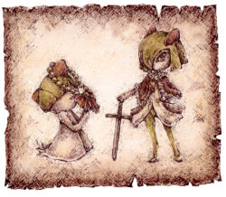  a26g8 bowl_cut colored_skin green_hair green_skin hair_over_eyes hair_over_one_eye horns jewelry kirlia multicolored_skin necklace pink_eyes pokemon pokemon_(creature) ralts sidelocks sword two-tone_skin weapon white_skin 