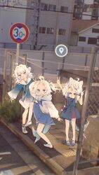  3girls ahoge animal_ears blue_hair blue_shoes cat_ears character_request day doktahzaki fang fins fish_tail gawr_gura gawr_gura_(1st_costume) gawr_gura_(casual) gawr_gura_(school_uniform) hair_bobbles hair_intakes hair_ornament high_school_girls_posing_for_google_street_view_(meme) highres hololive hololive_english long_hair long_sleeves looking_at_viewer meme multicolored_hair multiple_girls multiple_persona open_mouth outdoors photo_background ponytail shark_tail shoes short_hair short_ponytail short_twintails side_ponytail simple_background tail thick_eyebrows twintails v virtual_youtuber white_hair white_shoes 