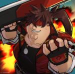  1boy bandana black_gloves black_shirt brown_hair cleft_chin cosplay english_text family_guy fat fat_man fingerless_gloves gloves guilty_gear highres holding holding_sword holding_weapon jacket kowai_(iamkowai) looking_at_viewer male_focus peter_griffin ponytail red_bandana red_eyes red_jacket shirt sol_badguy sol_badguy_(cosplay) solo spiky_hair sword weapon 