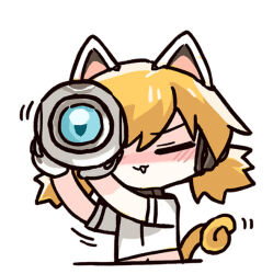  1girl animal_ears betty_(neural_cloud) blonde_hair blue_eyes cat_ears cat_girl cat_tail chibi chibi_only cui_pi_zha_xia_qiu girls&#039;_frontline_neural_cloud girls_frontline idw_(girls&#039;_frontline) official_art one_eye_closed second-party_source solo spyglass tail white_background 