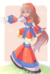 1girl blue_dress border brown_hair dress full_body gotoku_(twitter_1906669672738799616) green_eyes hat highres iris_(mega_man) long_hair mega_man_(series) mega_man_x_(series) missing_commentary on_grass pink_background red_dress red_hat simple_background solo standing white_border 