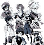  5boys =3 akanbe arm_tattoo armor bandaged_arm bandaged_hand bandages beret braid closed_mouth eyelid_pull facial_mark forehead_mark genshin_impact greyscale hair_between_eyes hat highres japanese_armor jingasa kaedehara_kazuha kote leaf_print male_focus monochrome multicolored_hair multiple_boys multiple_views open_mouth oshi_taberu parted_lips ponytail scaramouche_(genshin_impact) shikanoin_heizou simple_background streaked_hair tassel tattoo tongue tongue_out twin_braids venti_(genshin_impact) wanderer_(genshin_impact) xiao_(genshin_impact) 