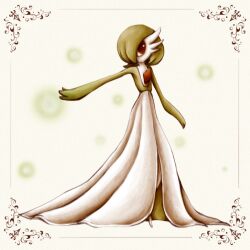  a26g8 bob_cut colored_skin dress gardevoir green_hair green_skin hair_over_one_eye looking_at_viewer multicolored_skin pokemon pokemon_(creature) simple_background smile two-tone_skin white_dress white_skin 