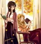  2girls :d artist_name black-framed_eyewear black_skirt blush book brown_cardigan brown_hair buttons cardigan chair closed_eyes closed_mouth collared_shirt commentary_request curtains falling_leaves ginkgo_leaf glasses happy himawari-san himawari-san_(character) holding holding_book indoors kakitsubata_ayame_(himawari-san) leaf light_brown_hair long_hair long_neck long_skirt long_sleeves looking_at_another multiple_girls nail_polish on_chair open_book open_cardigan open_clothes open_mouth red_nails red_skirt shirt shirt_tucked_in signature sitting skirt smile standing sugano_manami violet_eyes white_shirt window 