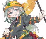  1girl belt breasts grey_eyes grey_hair grin himemushi_momoyo long_hair long_sleeves massakasama pickaxe sharp_teeth shovel simple_background smile solo teeth touhou upper_body white_background yellow_headwear 