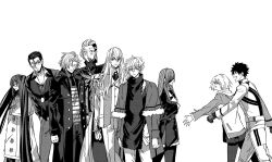  3girls 6+boys akuta_hinako beryl_gut blush cape daybit_sem_void eyepatch facial_hair fate/grand_order fate_(series) fujimaru_ritsuka_(male) fujimaru_ritsuka_(male)_(decisive_battle_chaldea_uniform) glasses gloves goatee greyscale highres iz_(izit_unk) jacket jewelry kadoc_zemlupus kirschtaria_wodime long_coat long_hair mash_kyrielight monochrome multiple_boys multiple_girls ophelia_phamrsolone pendant scandinavia_peperoncino smile tears twintails very_long_hair vest yu_mei-ren_(fate) 