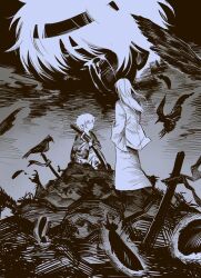 2boys aged_down bird black_feathers blood child corpse crow crying crying_with_eyes_open falling_feathers feathers from_behind g0nyag gintama hatching_(texture) headband highres holding holding_sword holding_weapon japanese_clothes kimono long_hair long_sleeves male_focus monochrome multiple_boys planted planted_sword sakata_gintoki short_hair sitting standing sword tears weapon yoshida_shouyou 