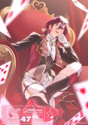  1boy :p beads bespectacled black_boots black_jacket blue_eyes blurry blurry_foreground boots card chain closed_mouth collared_shirt copyright_name copyright_notice countdown crown curtains dated double-parted_bangs dutch_angle earrings elbow_rest ensemble_stars! figure_four_sitting floating_card foot_out_of_frame frilled_shirt_collar frills from_below fur_trim gem glasses gloves gold_trim hair_between_eyes hand_on_own_face hand_up head_rest heart high_collar high_heel_boots high_heels indoors jacket jewelry knee_boots light_particles long_sleeves looking_at_viewer looking_down male_focus mini_crown multicolored_jacket official_alternate_costume official_art open_clothes open_jacket pants pants_tucked_in playing_card red_gemstone red_hair red_jacket rimless_eyewear saegusa_ibara sakura_(sakura_i000) shirt shoe_soles short_hair sitting sitting_on_throne smirk solo throne tongue tongue_out two-tone_jacket v-shaped_eyebrows white_gloves white_pants white_shirt 