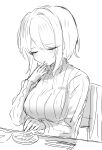  1girl closed_eyes eating faust_(limbus_company) greyscale highres limbus_company looking_at_viewer medium_hair migishita monochrome project_moon sketch sweater white_hair 