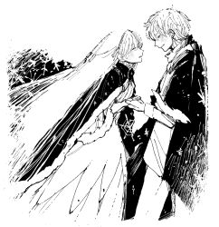  1boy 1girl anastasia_(fate) cloak closed_eyes dress ear_piercing earrings fate/grand_order fate_(series) fur_trim greyscale hairband holding_hands jewelry kadoc_zemlupus long_hair long_sleeves monochrome o_grand_sui piercing royal_robe smile very_long_hair 