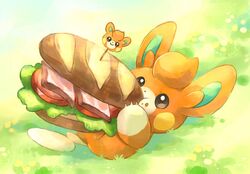  eating food grass holding holding_food lettuce no_humans outdoors pawmi pokemon pokemon_(creature) sandwich solo tomato tomato_slice toneko 