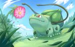  animal_focus blue_sky bright_pupils bulbasaur claws closed_mouth clouds commentary_request flower looking_up no_humans nostrils outdoors pink_flower pokemon pokemon_(creature) red_eyes shinomen sky sprout white_pupils 