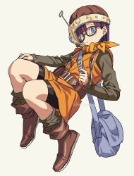  1girl bag bike_shorts black_shorts blue_eyes blunt_bangs blunt_ends boots brown_boots chrono_trigger floating full_body glasses grey_background grey_shirt grey_socks hand_on_own_knee headset helmet hosodayo long_sleeves lucca_ashtear neckerchief orange_neckerchief orange_tunic parted_bangs purple_hair shirt short_hair shorts shoulder_bag socks solo tunic twitter_username 