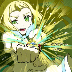  1girl blonde_hair clenched_hands commentary_request crossed_wrists eyelashes floating_hair green_eyes half-closed_eye highres hiyokko2min lillie_(pokemon) long_hair open_mouth pokemon pokemon_sm shirt short_sleeves skirt solo teeth translation_request white_shirt white_skirt z-move_trainer_pose z-ring 