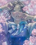  1girl black_hair blue_eyes blue_vest blush bow bowtie branch cherry_blossoms commentary_request expressionless floating_hair hands_up highres long_hair long_sleeves looking_at_viewer oil_painting_(medium) original painting_(medium) parted_lips ringodrawing shirt solo traditional_media upper_body vest white_shirt 