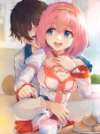  1boy 1girl black_hair blue_eyes bob_cut breasts closed_eyes couple food hairband hetero highres holding holding_jug hug hug_from_behind jug_(bottle) kitchen long_sleeves medium_breasts milk open_mouth pink_hair pouring princess_connect! revision short_hair smile standing upper_body yako_noir_(kei-ne) yui_(princess_connect!) yuuki_(princess_connect!) 