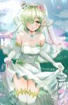  1girl absurdres aoi_(princess_connect!) bare_shoulders blush breasts bridal_veil chokomin clothes_lift commentary_request dress dress_lift elbow_gloves elf gloves green_eyes grey_hair highres medium_breasts pointy_ears princess_connect! short_hair solo thigh-highs veil wedding_dress 