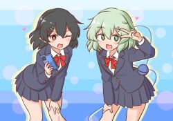  2girls :d alternate_costume arm_up black_hair black_jacket black_skirt blazer blush bow bowtie bright_pupils brown_eyes buttoned_cuffs buttons cellphone collared_shirt commentary_request commission cowboy_shot dot_nose drop_shadow green_eyes green_hair hair_between_eyes hair_ornament hairclip hand_on_own_leg hand_on_own_thigh heart holding holding_phone jacket komeiji_koishi lapels leaning leaning_forward long_sleeves mizusoba multiple_girls open_mouth phone pleated_skirt pointy_ears red_bow red_bowtie school_uniform shameimaru_aya shirt short_hair skeb_commission skirt smartphone smile standing third_eye touhou v white_pupils white_shirt 