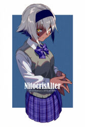  1girl animal_ears blue_skirt bow bowtie breasts character_name collared_shirt dark-skinned_female dark_skin echo_(circa) facepaint facial_mark fate/grand_order fate_(series) grey_sweater_vest hairband jackal_ears long_hair long_sleeves looking_at_viewer medium_breasts nitocris_(fate) nitocris_(swimsuit_assassin)_(fate) purple_hair school_uniform shirt sidelocks skirt smile solo sweater_vest very_long_hair violet_eyes white_shirt 