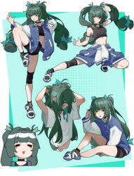  1girl dark_green_hair long_hair martial_arts qingyi_(zenless_zone_zero) standing_on_one_leg twintails zenless_zone_zero 