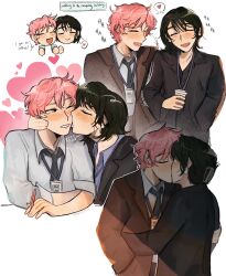  2girls absurdres alien_stage black_hair black_jacket black_necktie blazer brown_jacket claw_hair_clip closed_eyes collared_shirt commentary cup disposable_coffee_cup disposable_cup earrings english_commentary english_text heart highres holding holding_cup id_card jacket jewelry kiss lanyard laughing maie_(masayaso) mizi_(alien_stage) multiple_girls necktie office_lady open_mouth pink_hair shirt short_hair smile sphere_earrings spoken_heart sua_(alien_stage) very_short_hair white_shirt yuri 