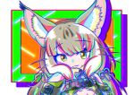  1girl absurdres animal_ears bare_shoulders camouflage cat_ears cat_girl extra_ears green_eyes grey_hair highres jungle_cat_(kemono_friends) kemono_friends kemono_friends_v_project long_hair looking_at_viewer microphone scarf shirt simple_background smile solo tutti_tutio upper_body virtual_youtuber 