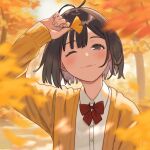  1girl autumn_leaves blush bow bowtie brown_eyes brown_hair buttons closed_mouth collared_shirt ginkgo_leaf hand_on_own_head holding holding_leaf kyak_bamboo leaf light_smile long_sleeves looking_at_viewer one_eye_closed original outdoors red_bow red_bowtie school_uniform shirt short_hair solo sweater tree upper_body white_shirt yellow_sweater 