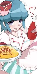  1boy 1girl alternate_costume apron blue_hair bow breasts collarbone colored_skin fang food frog_boy green_skirt heart highres keroro_gunsou ketchup ketchup_bottle kohiru_atsuku looking_at_viewer medium_breasts nishizawa_momoka omelet omurice open_mouth short_hair shoshinsha_mark skirt spiky_hair tamama tray two-tone_skirt violet_eyes waitress white_background white_skirt 