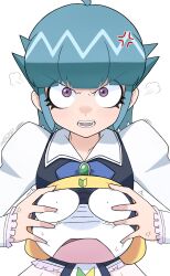  1boy 1girl angry black_skin blue_bow blue_hair bow breasts colored_skin fang frog_boy grabbing_another's_head hat highres jewelry keroro_gunsou kohiru_atsuku long_sleeves looking_at_viewer nishizawa_momoka open_mouth pendant school_uniform short_hair shoshinsha_mark skirt spiky_hair tamama violet_eyes white_background white_skirt 