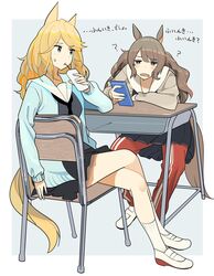  2girls ? alternate_costume animal_ears ashinowoto black_eyes black_shirt black_skirt blonde_hair blue_jacket blush brown_hair brown_jacket cardigan chair crossed_legs desk drinking full_body gold_city_(umamusume) highres holding holding_phone horse_ears horse_girl horse_tail jacket jitome juice_box long_hair long_sleeves multiple_girls necktie open_mouth pants phone red_pants sailor_collar school_chair school_desk shirt shoes simple_background sitting skirt socks sweatdrop tail tosen_jordan_(umamusume) track_pants translation_request twintails umamusume uwabaki white_background white_socks 