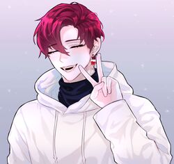  1boy closed_eyes commission earrings facing_viewer gwonjune hair_between_eyes hood hoodie jewelry male_focus open_mouth original redhead simple_background solo upper_body v white_hoodie 