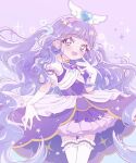  1girl :d aqua_eyes blush commentary_request cure_majesty dress elbow_gloves ellee-chan eyelashes gloves hair_ornament happy hirogaru_sky!_precure long_hair looking_at_viewer magical_girl open_mouth precure purple_background purple_dress purple_hair smile solo standing thigh-highs thighs white_gloves white_thighhighs yuha21_(aftershock) 